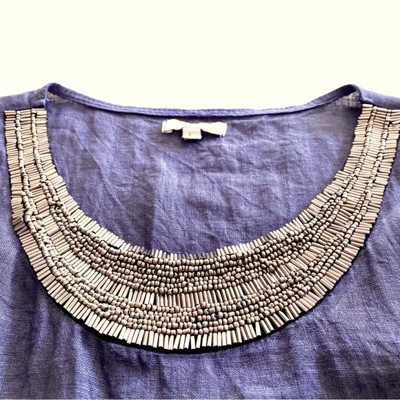 Lina Tomei Navy Blue Italy Linen Dress Large Beaded Neck Pocket Sleeveless - Picture 5 of 15